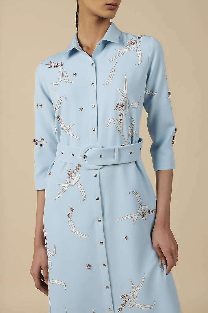 Light Blue Double Crepe Embroidered Cocktail Shirt Dress by Shahin Mannan at Pernia's Pop Up Shop