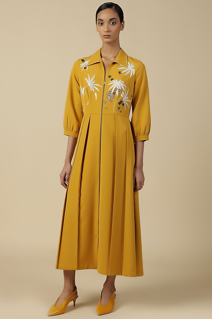 Yellow Double Crepe Embroidered Dress by Shahin Mannan