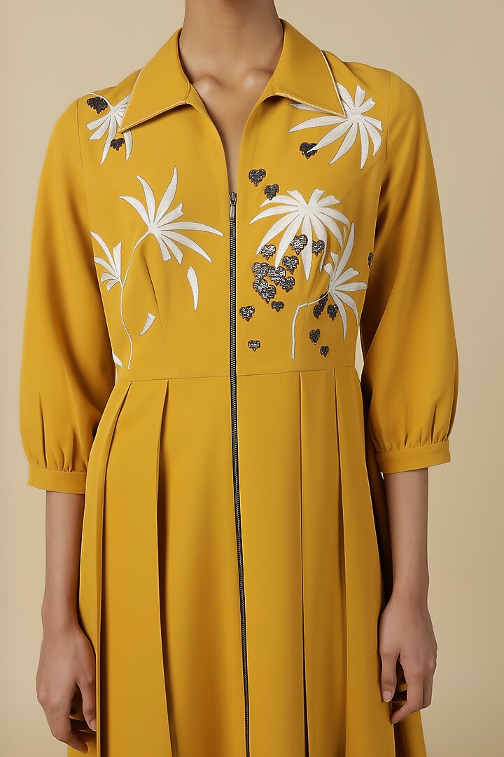Yellow Double Crepe Embroidered Cocktail Dress by Shahin Mannan at Pernia's Pop Up Shop