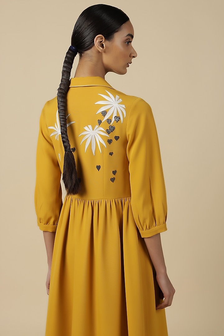 Yellow Double Crepe Embroidered Cocktail Dress by Shahin Mannan at Pernia's Pop Up Shop