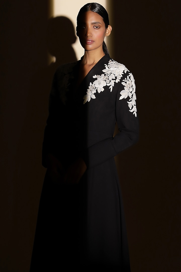 Black Jersey Hand Embroidered Cocktail Dress by Shahin Mannan at Pernia's Pop Up Shop