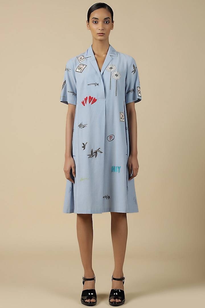 Light Blue Chambray Embroidered Dress by Shahin Mannan at Pernia's Pop Up Shop