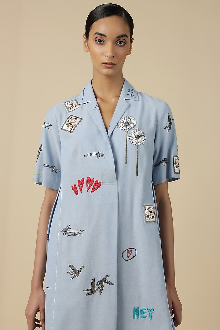 Light Blue Chambray Embroidered Vacation Dress by Shahin Mannan at Pernia's Pop Up Shop