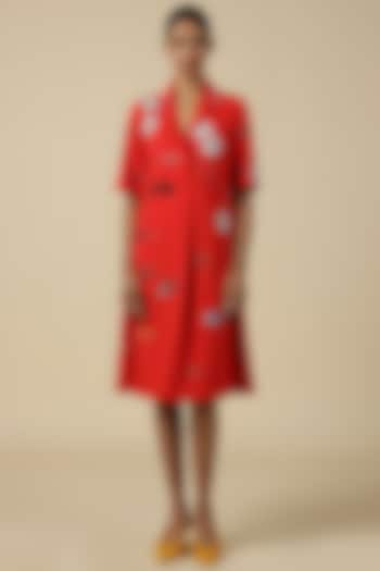 Red Double Crepe Embroidered Dress by Shahin Mannan at Pernia's Pop Up Shop