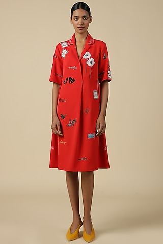 Red Double Crepe Embroidered Dress by Shahin Mannan