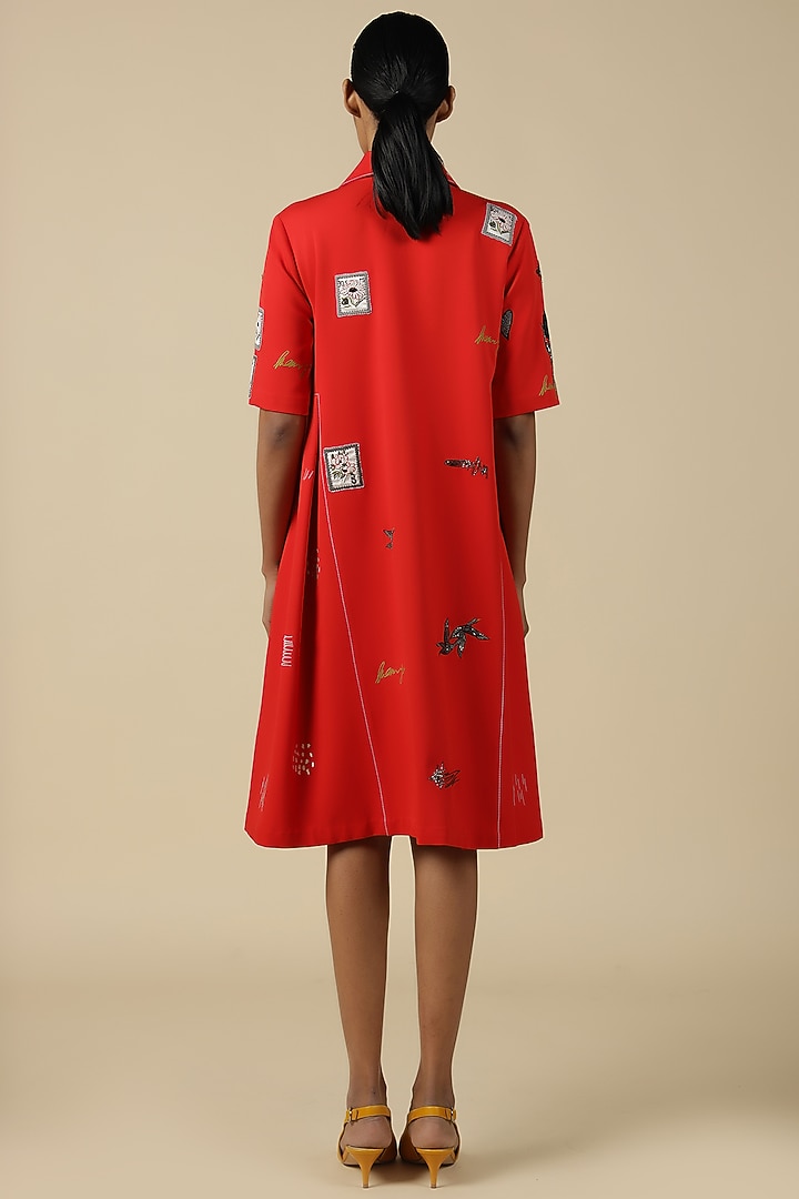 Red Double Crepe Embroidered Cocktail Dress by Shahin Mannan at Pernia's Pop Up Shop