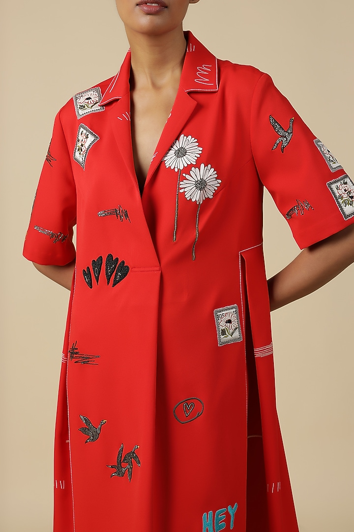 Red Double Crepe Embroidered Cocktail Dress by Shahin Mannan at Pernia's Pop Up Shop