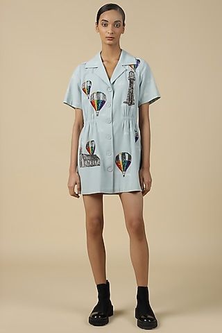 Ice Blue Denim Coat Dress by Shahin Mannan