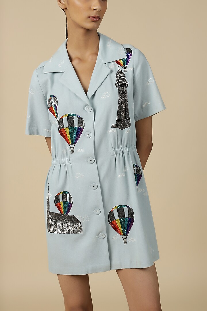 Ice Blue Denim Coat Cocktail Dress by Shahin Mannan at Pernia's Pop Up Shop