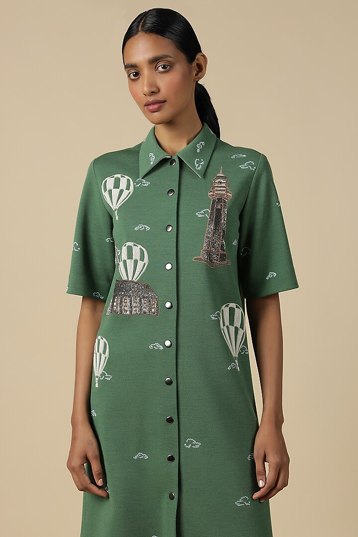 Jade Green Jersey Embroidered Shift Cocktail Dress by Shahin Mannan at Pernia's Pop Up Shop
