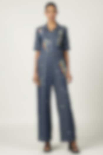 Optimum Blue Denim Embroidered Jumpsuit by Shahin Mannan at Pernia's Pop Up Shop