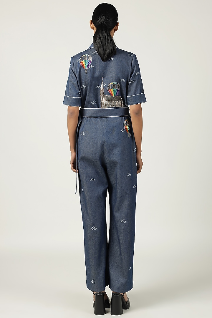 Optimum Blue Denim Embroidered Jumpsuit by Shahin Mannan at Pernia's Pop Up Shop
