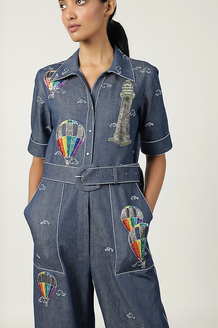 Optimum Blue Denim Embroidered Jumpsuit by Shahin Mannan at Pernia's Pop Up Shop