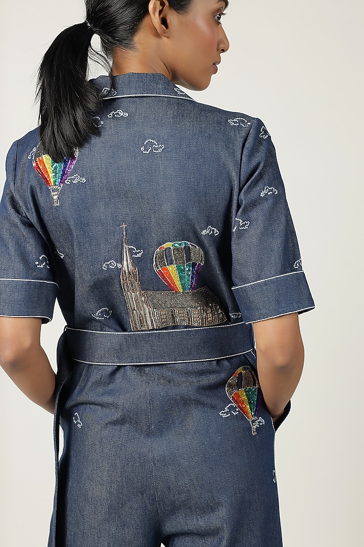 Optimum Blue Denim Embroidered Jumpsuit by Shahin Mannan at Pernia's Pop Up Shop