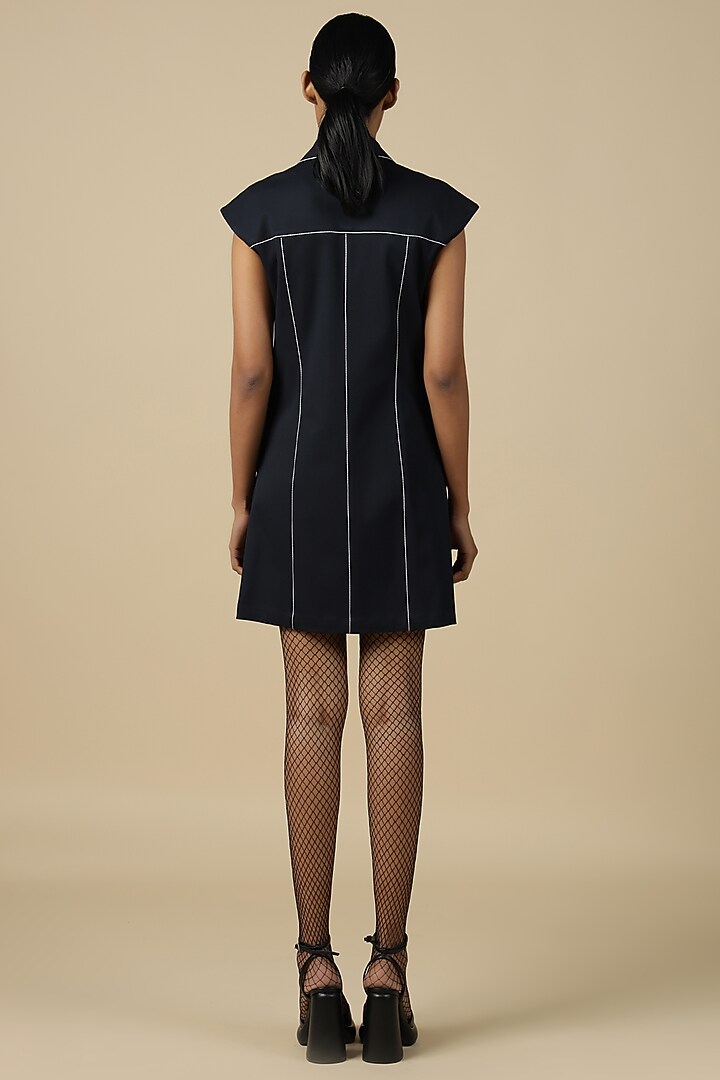 Navy Blue Gabardine Embroidered Mini Cocktail Dress by Shahin Mannan at Pernia's Pop Up Shop