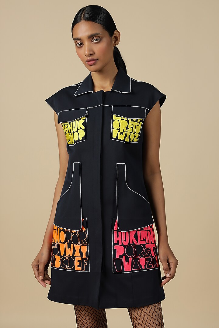 Navy Blue Gabardine Embroidered Mini Cocktail Dress by Shahin Mannan at Pernia's Pop Up Shop