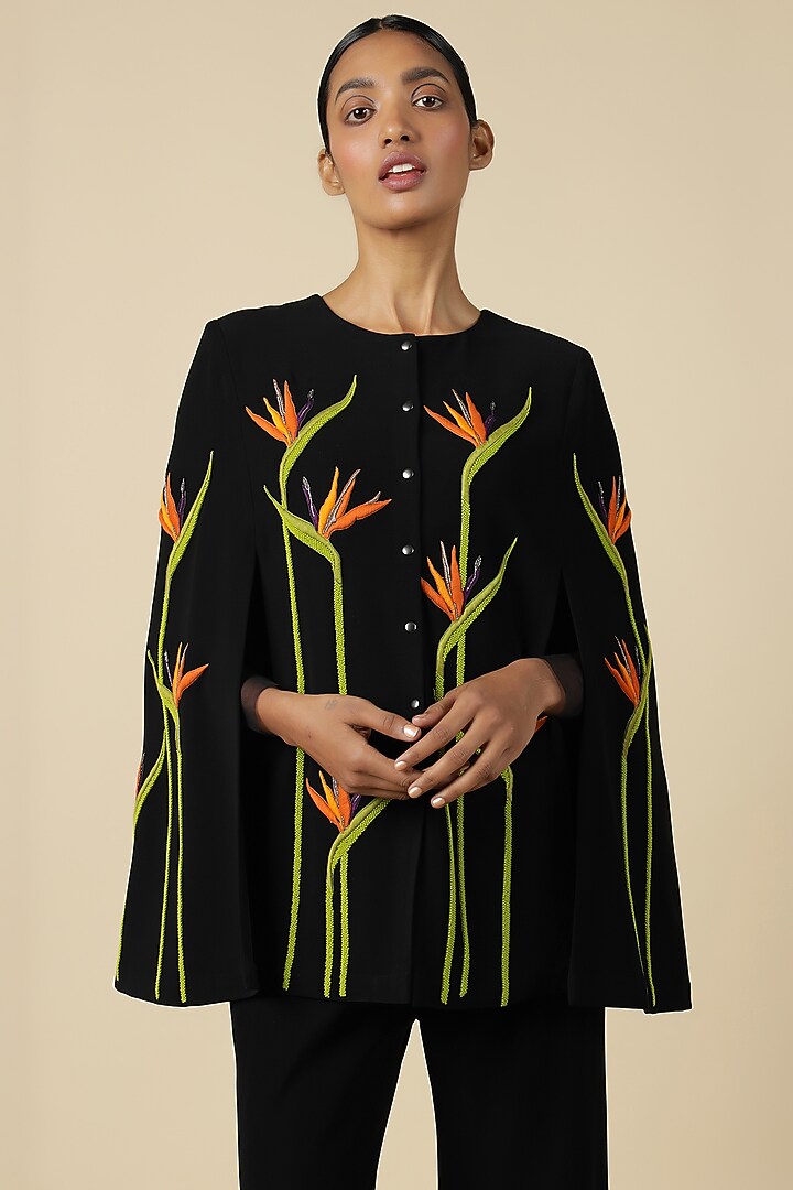 Black Crepe Embroidered Cape Set by Shahin Mannan at Pernia's Pop Up Shop