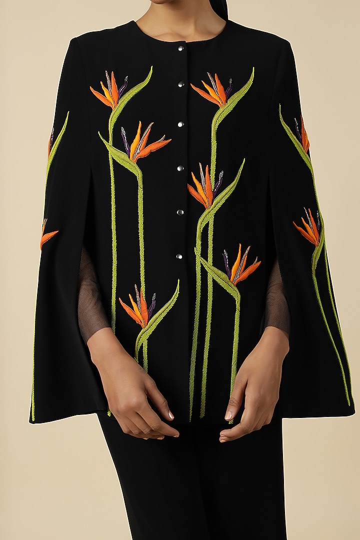 Black Crepe Embroidered Cape by Shahin Mannan at Pernia's Pop Up Shop