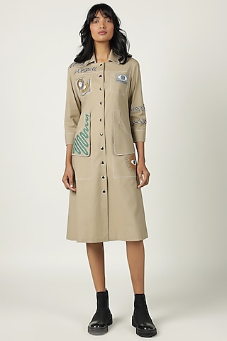 Dark Clay Poplin Embroidered Dress by Shahin Mannan