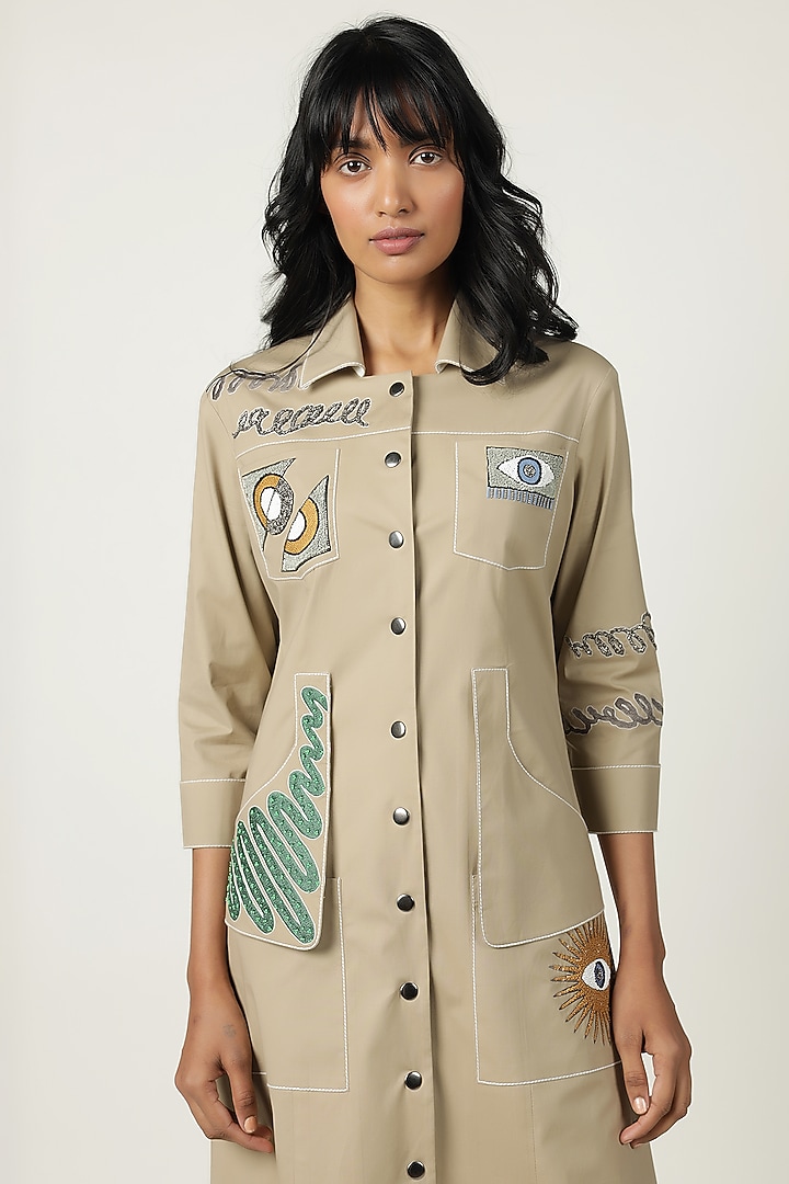 Dark Clay Poplin Embroidered Cocktail Dress by Shahin Mannan at Pernia's Pop Up Shop