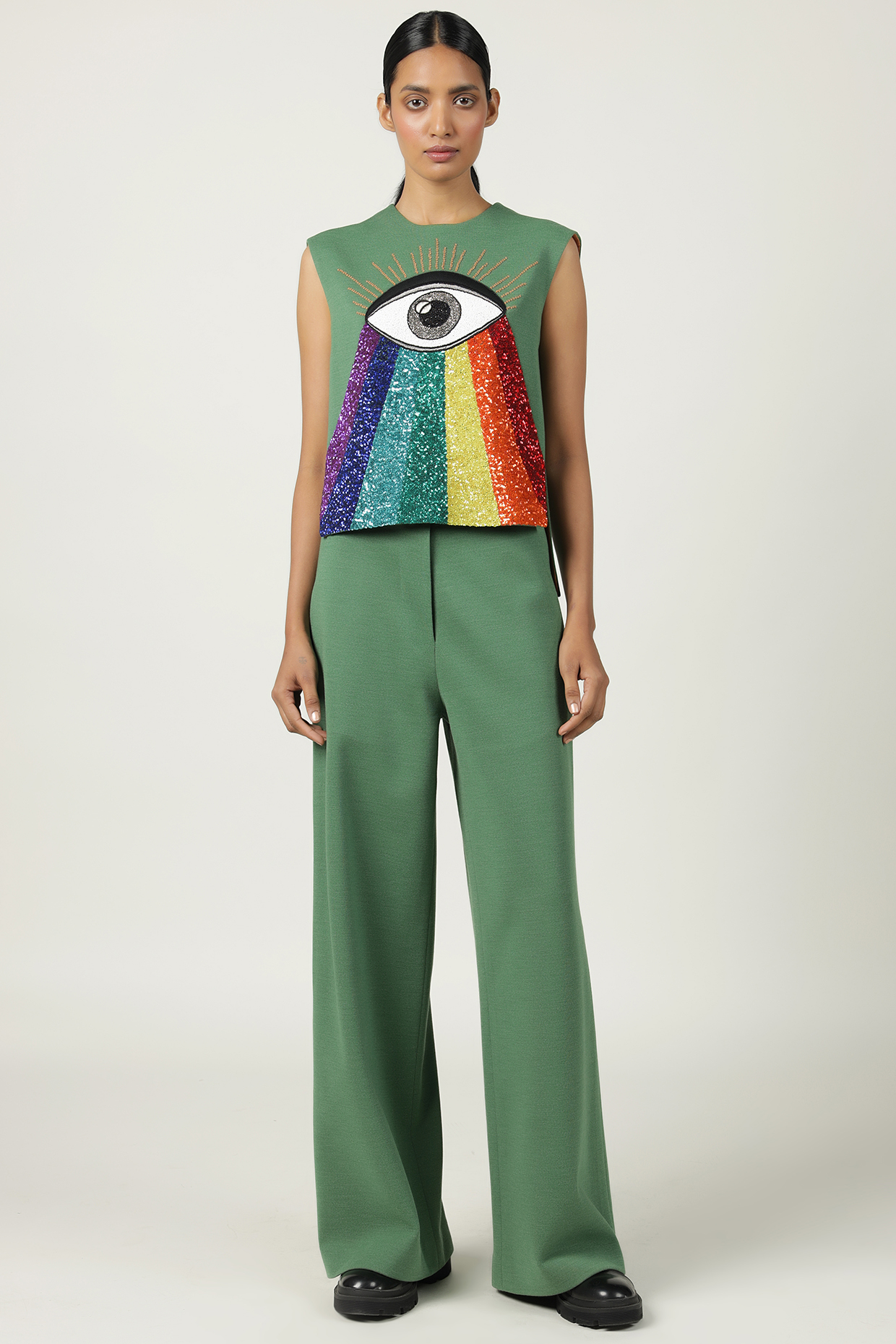 Jade Green Jersey Pant Set by Shahin Mannan at Pernia's Pop Up Shop