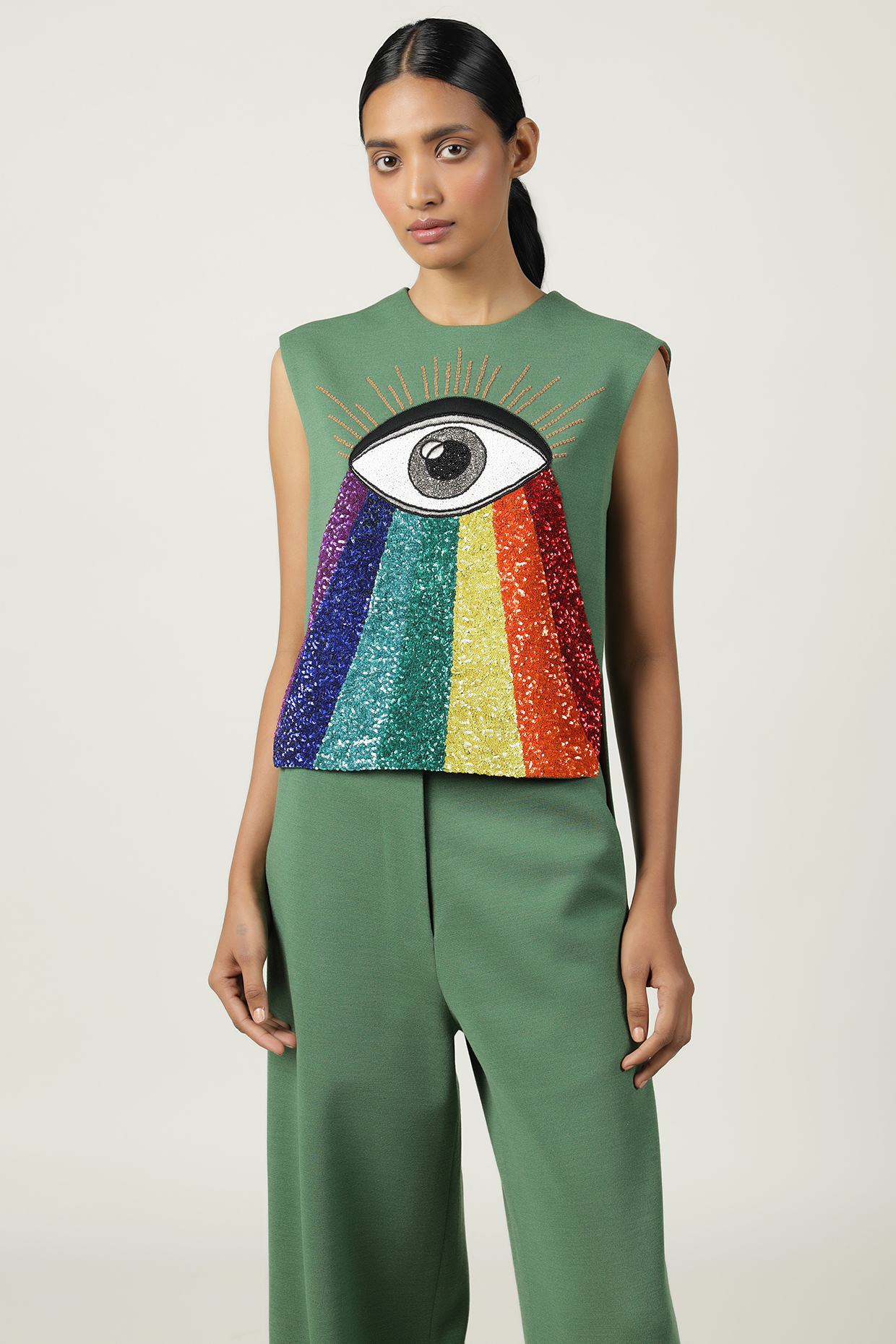 Jade Green Jersey Embroidered Top by Shahin Mannan at Pernia's Pop Up Shop