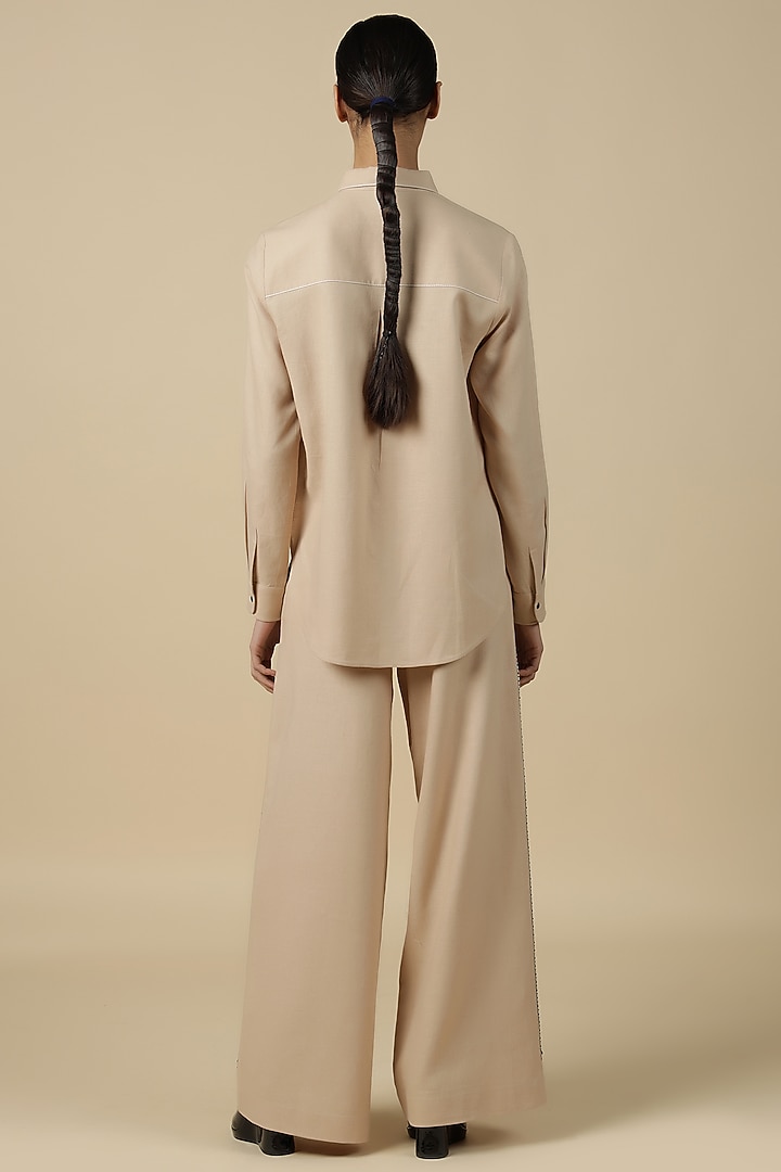Beige Linen Embroidered Pant Set by Shahin Mannan at Pernia's Pop Up Shop