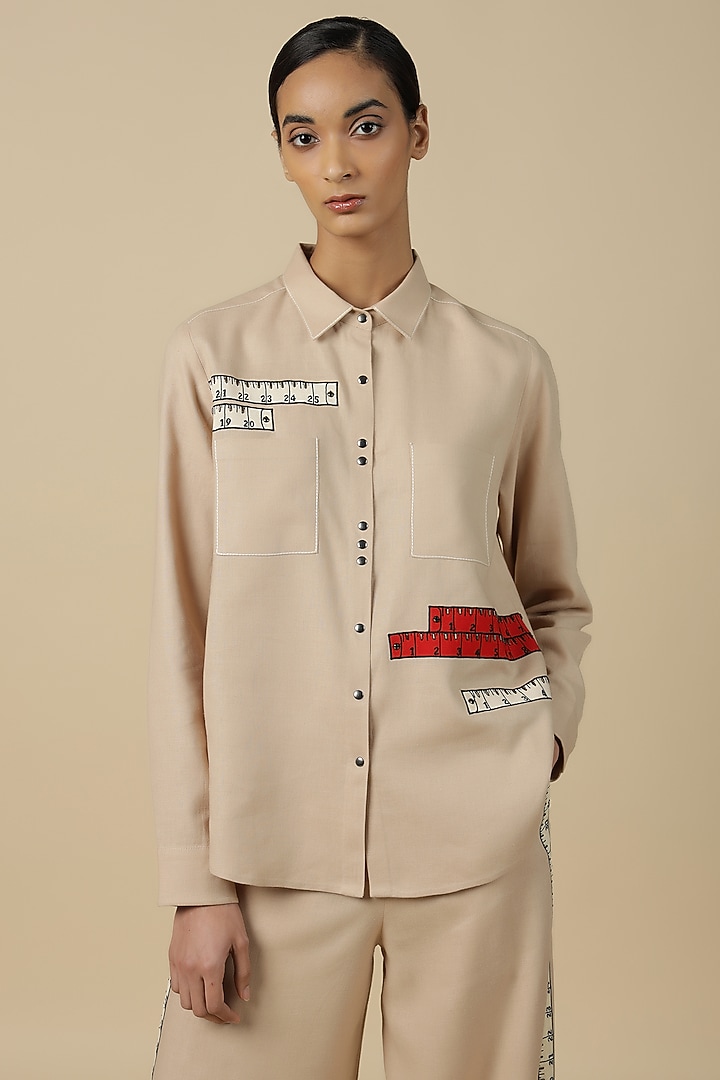 Beige Linen Embroidered Pant Set by Shahin Mannan at Pernia's Pop Up Shop
