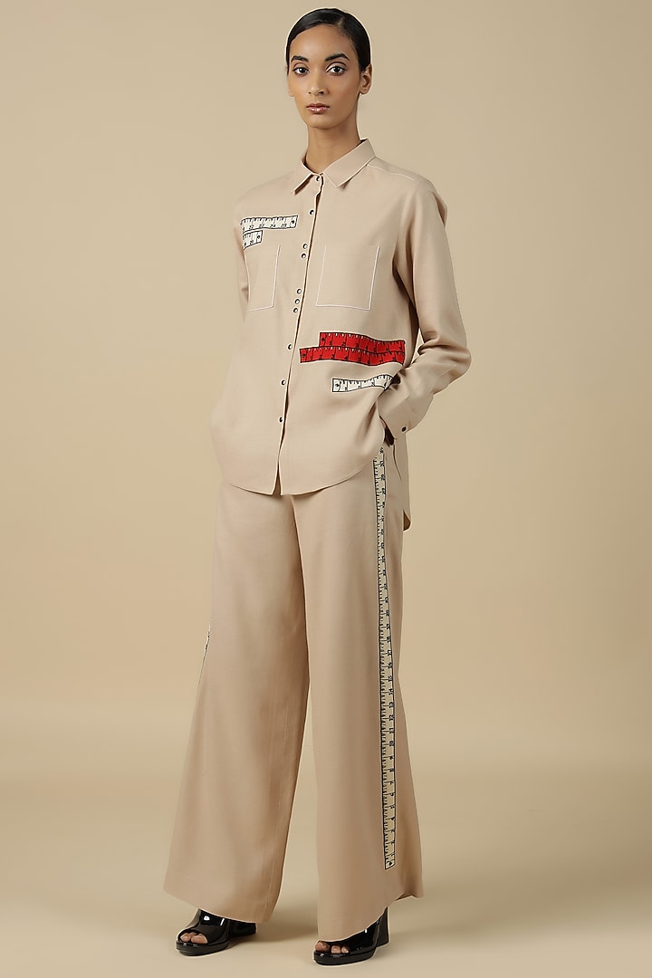Beige Linen Embroidered Pant Set by Shahin Mannan at Pernia's Pop Up Shop