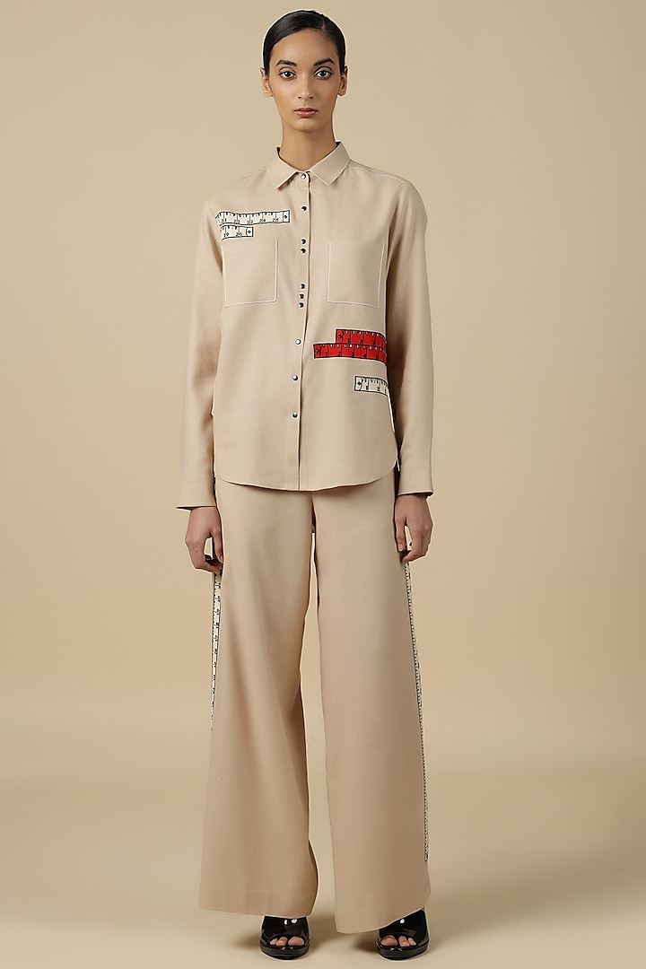 Beige Linen Embroidered High-Low Shirt by Shahin Mannan