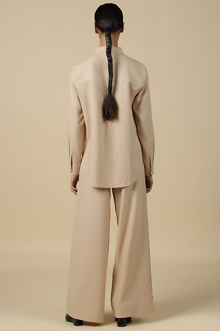 Beige Linen Embroidered High-Low Shirt by Shahin Mannan at Pernia's Pop Up Shop