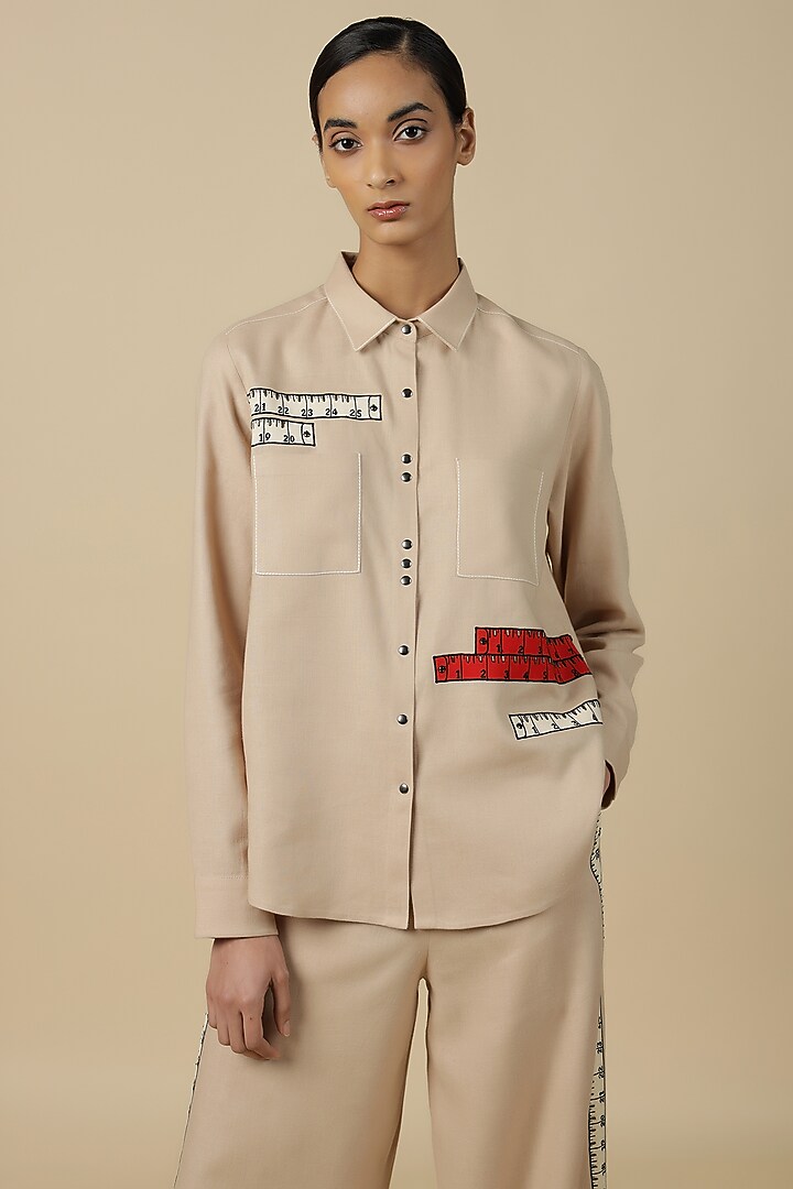 Beige Linen Embroidered High-Low Shirt by Shahin Mannan at Pernia's Pop Up Shop
