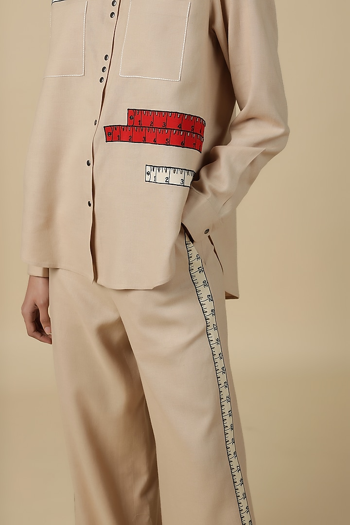Beige Linen Embroidered High-Low Shirt by Shahin Mannan at Pernia's Pop Up Shop