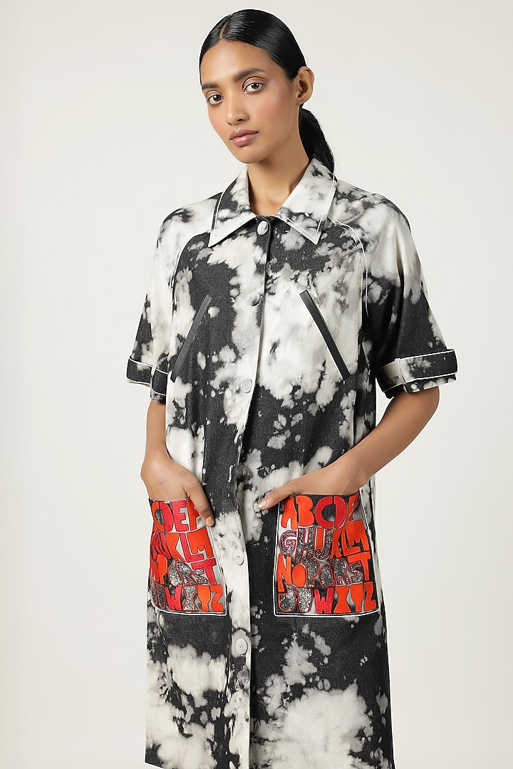 Grey Denim Embroidered Shift Cocktail Dress by Shahin Mannan at Pernia's Pop Up Shop