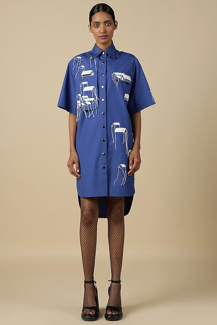 Electric Blue Poplin Embroidered Vacation Shirt Dress by Shahin Mannan at Pernia's Pop Up Shop