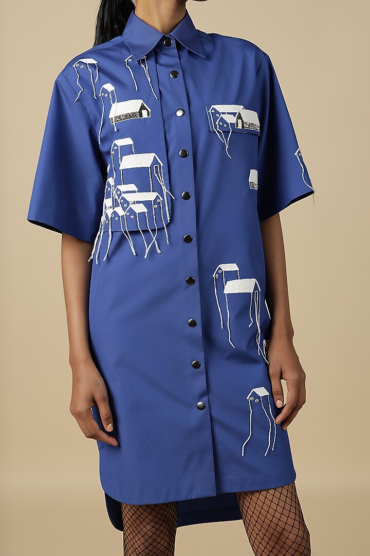 Electric Blue Poplin Embroidered Vacation Shirt Dress by Shahin Mannan at Pernia's Pop Up Shop