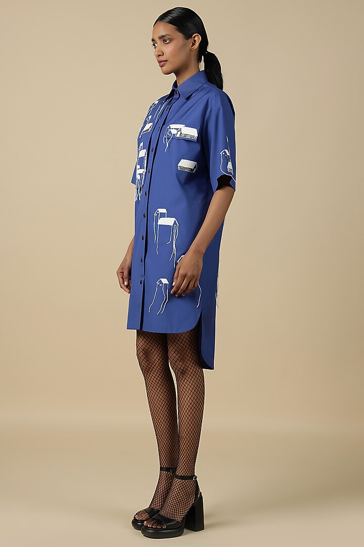 Electric Blue Poplin Embroidered Vacation Shirt Dress by Shahin Mannan at Pernia's Pop Up Shop