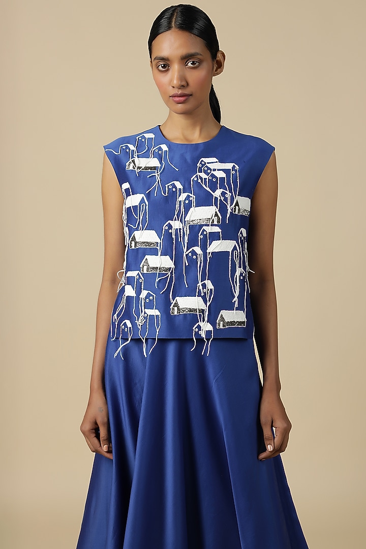 Electric Blue Chanderi Embroidered Top by Shahin Mannan at Pernia's Pop Up Shop