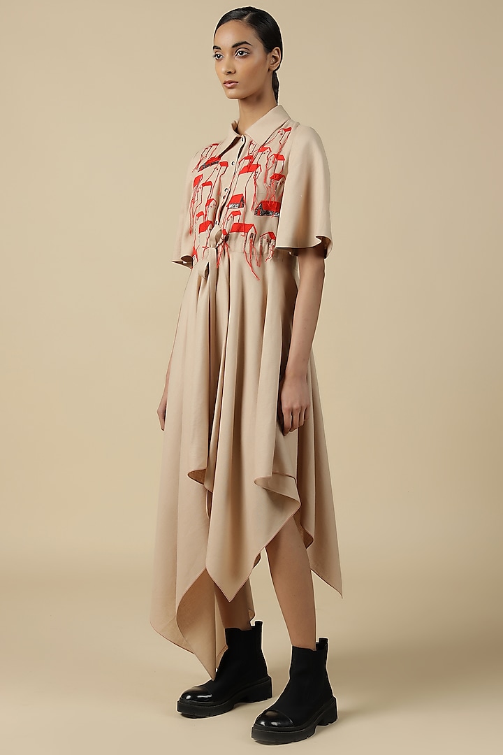 Beige Linen Embroidered Asymmetrical Dress by Shahin Mannan