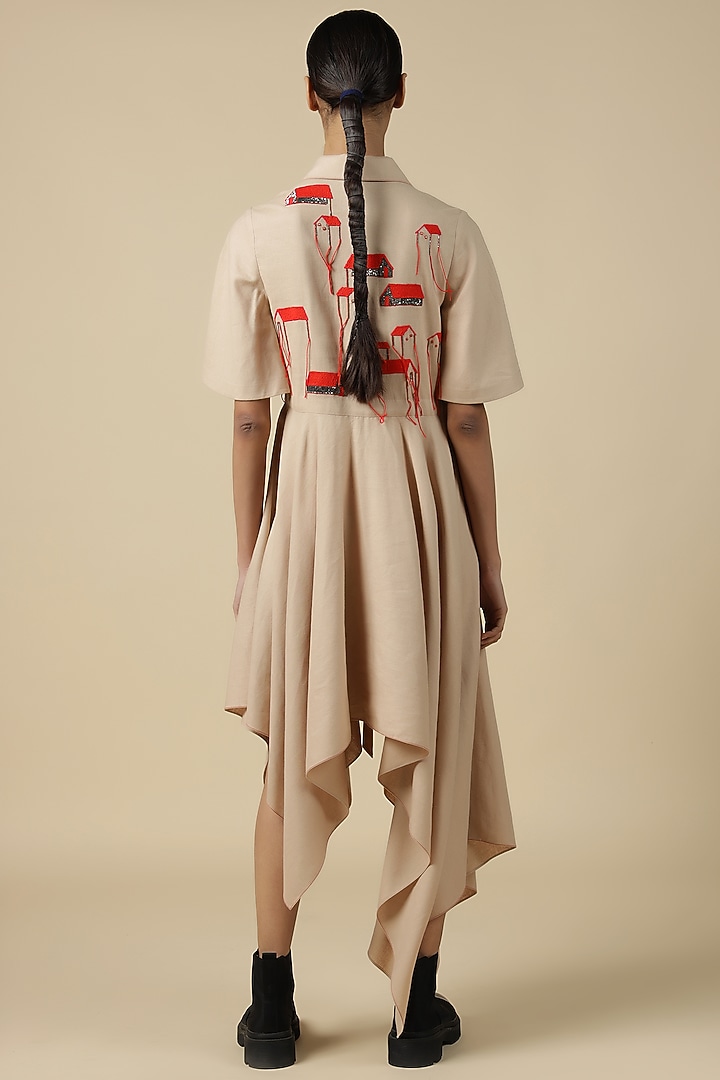 Beige Linen Embroidered Asymmetrical Cocktail Dress by Shahin Mannan at Pernia's Pop Up Shop