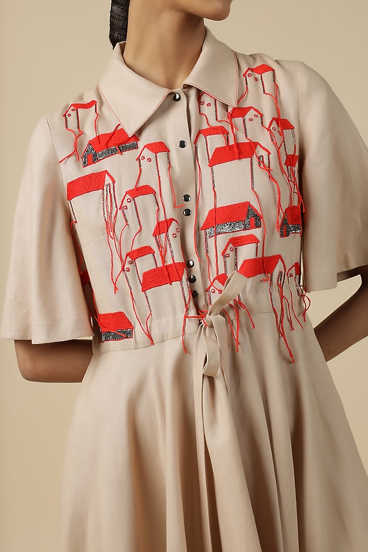 Beige Linen Embroidered Asymmetrical Cocktail Dress by Shahin Mannan at Pernia's Pop Up Shop