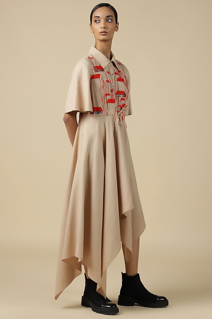 Beige Linen Embroidered Asymmetrical Cocktail Dress by Shahin Mannan at Pernia's Pop Up Shop