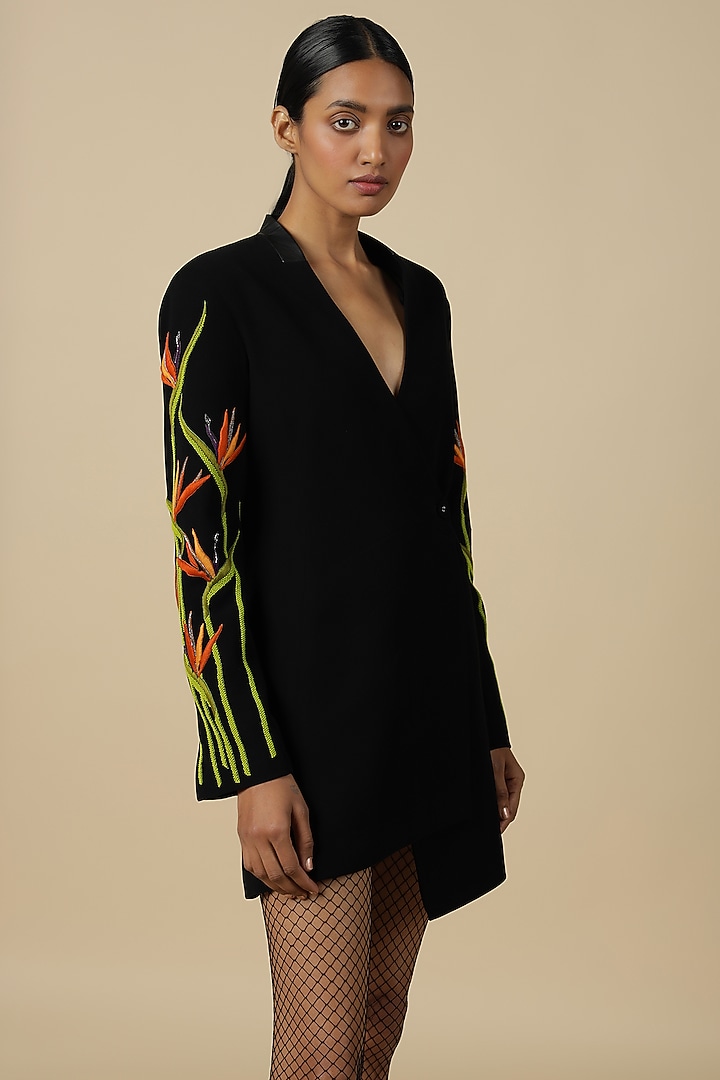 Black Crepe Embroidered Coat Party Wear Dress by Shahin Mannan at Pernia's Pop Up Shop
