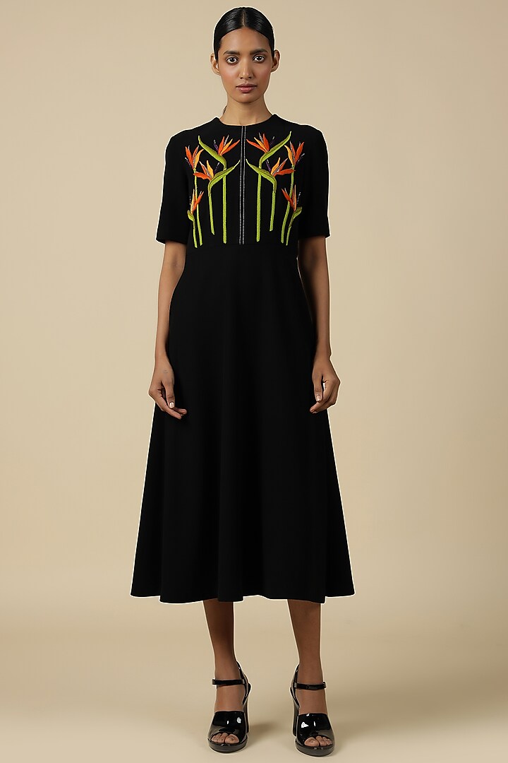 Black Crepe Floral Embroidered Midi Dress by Shahin Mannan