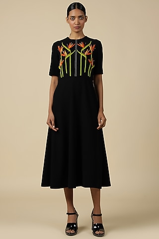 Black Crepe Floral Embroidered Midi Dress by Shahin Mannan
