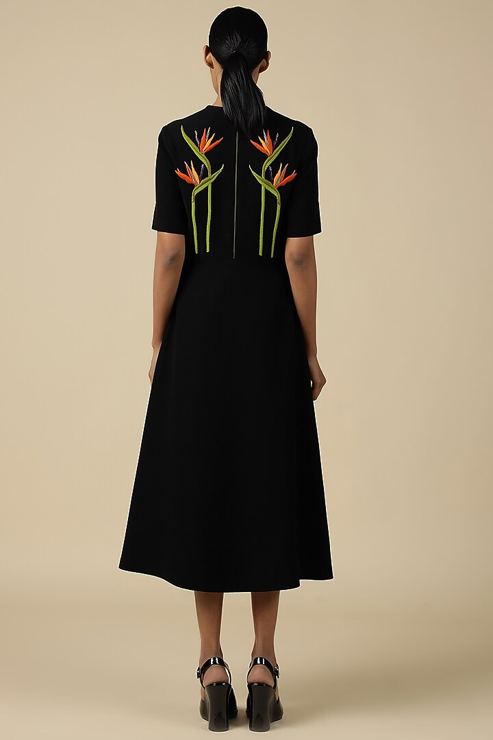 Black Crepe Floral Embroidered Midi Cocktail Dress by Shahin Mannan at Pernia's Pop Up Shop