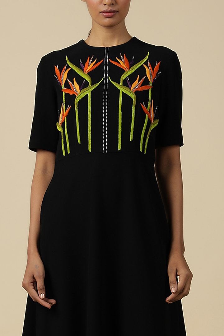 Black Crepe Floral Embroidered Midi Cocktail Dress by Shahin Mannan at Pernia's Pop Up Shop