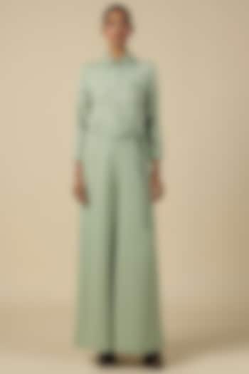 Pista Green Double Crepe Embroidered Jumpsuit With Belt by Shahin Mannan