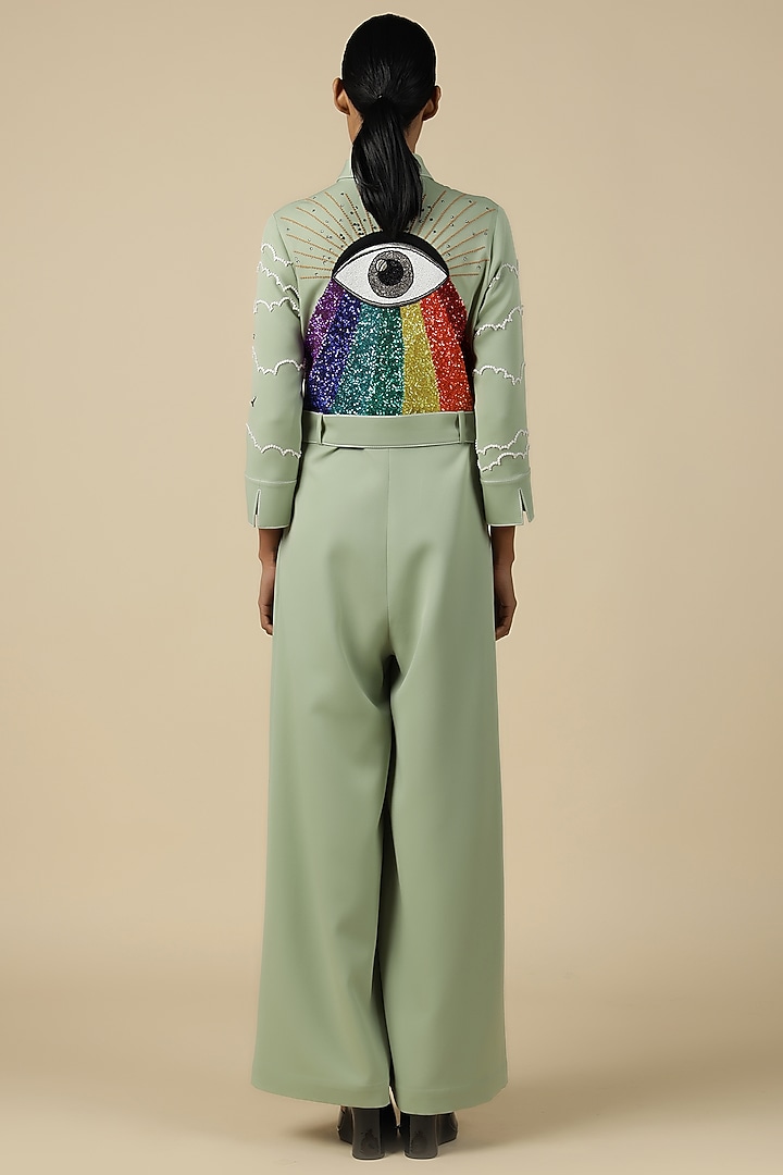 Pista Green Double Crepe Embroidered Jumpsuit With Belt by Shahin Mannan at Pernia's Pop Up Shop