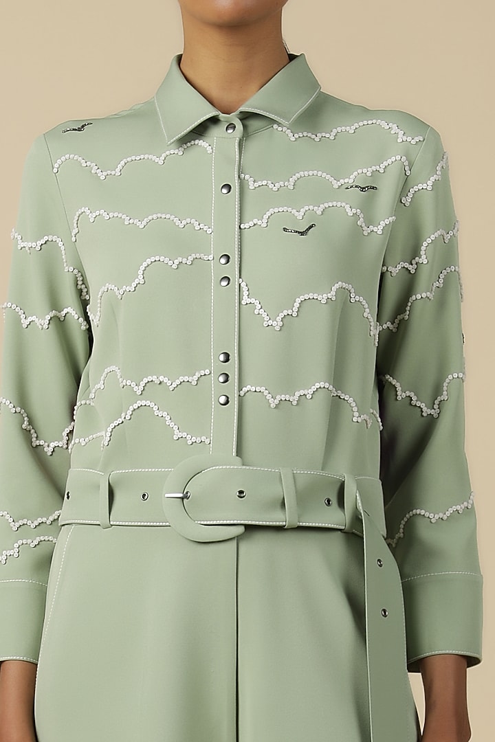 Pista Green Double Crepe Embroidered Jumpsuit With Belt by Shahin Mannan at Pernia's Pop Up Shop
